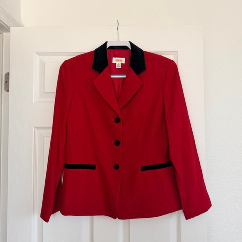 Talbots Blazer Equestrian Style Single Breasted Red Black Trim 100% Wool Women 8